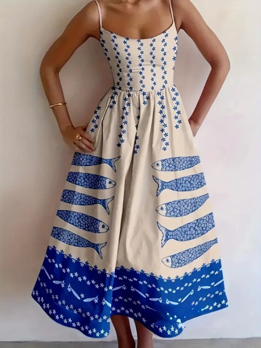 Graphic Fish Print Spaghetti Strap Midi Dress Blue & White